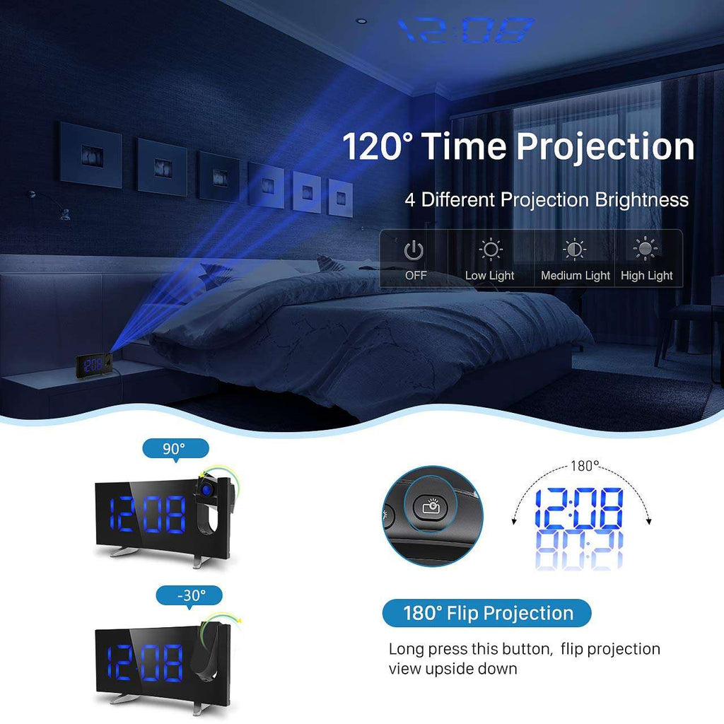 New Radio Alarm Clock USB Charging Constant Bright Projection Clock Curved Surface Large Screen Clock