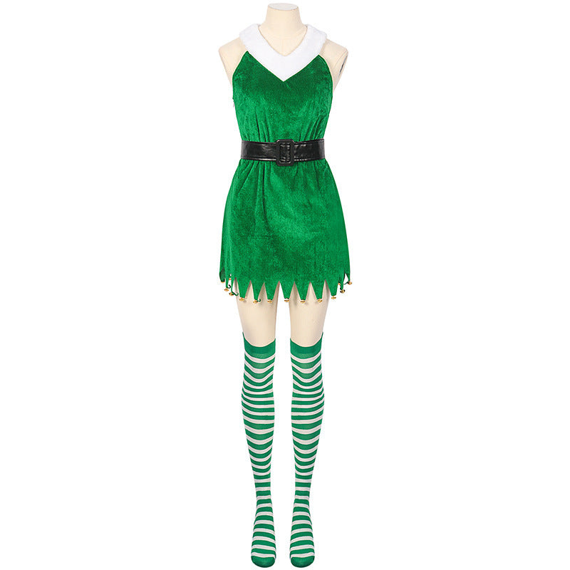 New Christmas Women's Green Bell Christmas Costume Performance Outfit Santa Claus Role-play Off-Shoulder Uniform
