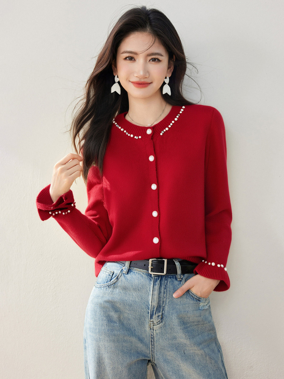 French Style Chic Knit Cardigan for Women with Beaded Bell Sleeves, Elegant Water Fur Texture Sweater