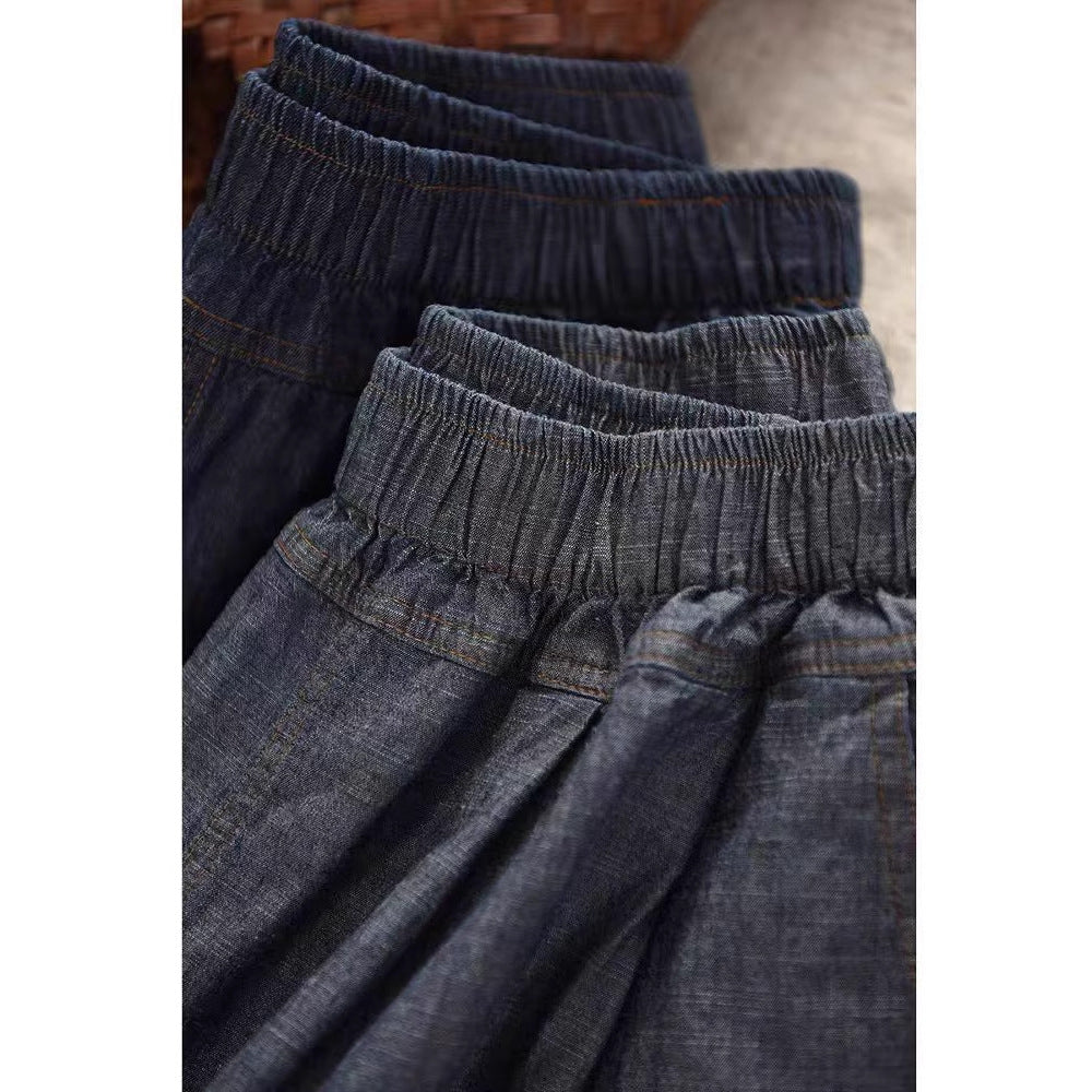 Spring New Color Woven Linen Denim Pants with Inner Hem Elastic Waist Slimming Loose Bell-bottom Casual Trousers