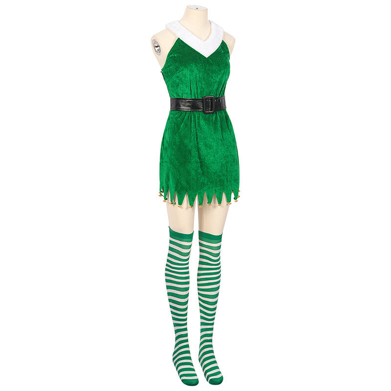 New Christmas Women's Green Bell Christmas Costume Performance Outfit Santa Claus Role-play Off-Shoulder Uniform