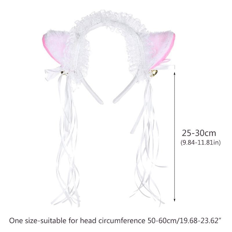 Women Ruffles Lace Headband Plush Cat Ears Ribbon Bell Lolita Cosplay Hair Hoop