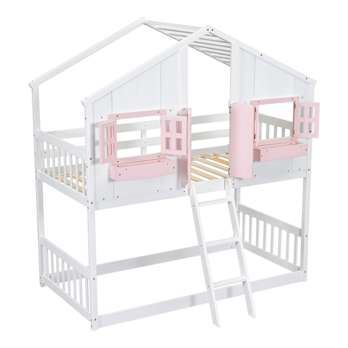 Twin over Twin House Bunk Bed with Roof , Window, Window Box, Door , with Safety Guardrails and Ladder, Pink/White