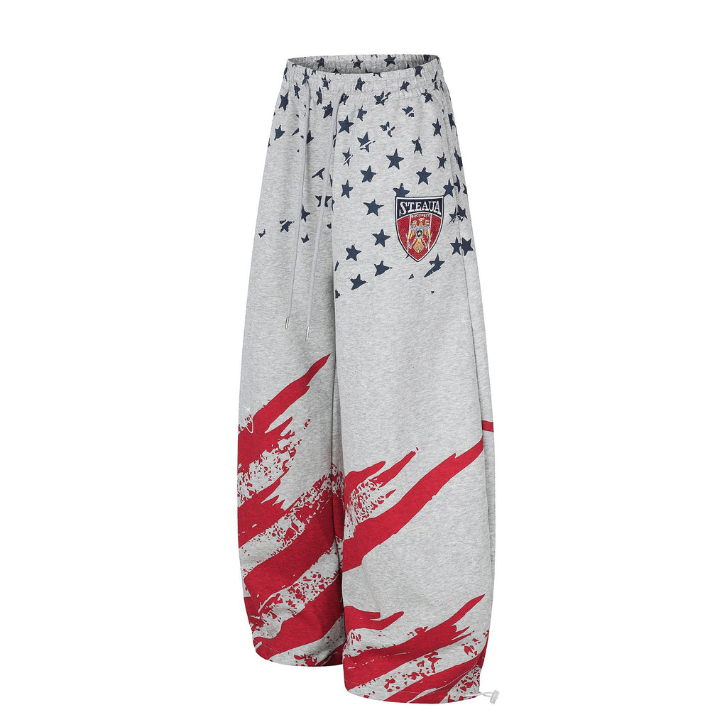 Flag All Over Print Carpenter Sweatpants with Badge Embroidery Drawstring Wide Leg Cuff Joggers
