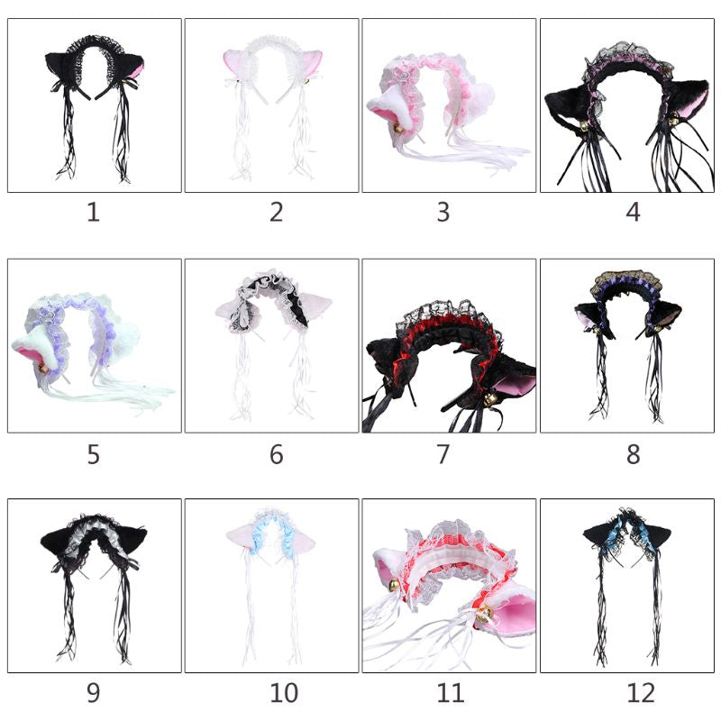 Women Ruffles Lace Headband Plush Cat Ears Ribbon Bell Lolita Cosplay Hair Hoop