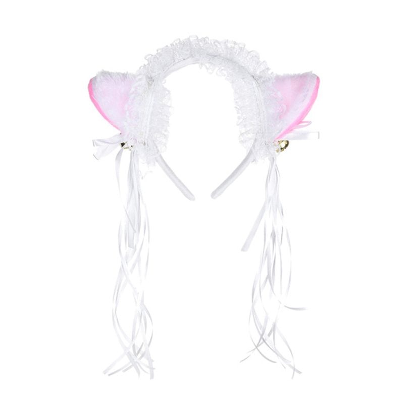Women Ruffles Lace Headband Plush Cat Ears Ribbon Bell Lolita Cosplay Hair Hoop