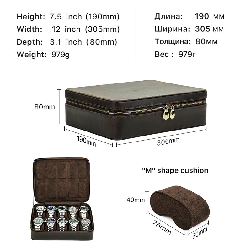 Rectangular Handmade Crazy Horse Leather Watch Box, 10-Slot Watch Display Organizer Travel Storage Case