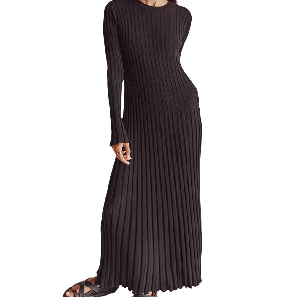 Women's Knitted Round Neck Ribbed Shrinkage Bell Sleeve Belted Solid Color Casual Long Dress