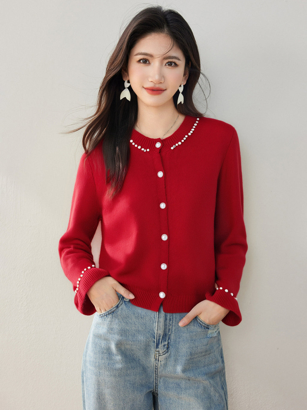 French Style Chic Knit Cardigan for Women with Beaded Bell Sleeves, Elegant Water Fur Texture Sweater