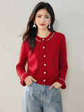 French Style Chic Knit Cardigan for Women with Beaded Bell Sleeves, Elegant Water Fur Texture Sweater