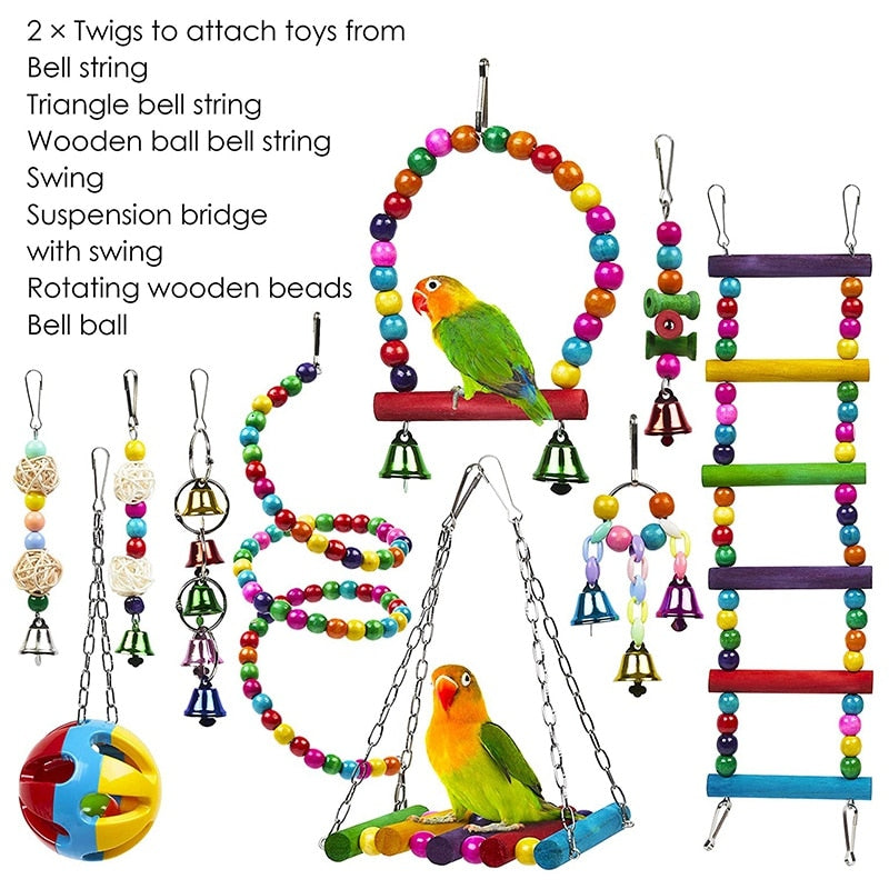10 Pack Bird Cage Toys for Parrots Reliable & Chewable - Swing Hanging Chewing Bite Bridge Wooden Beads Ball Bell Toys (in stock