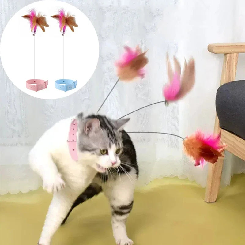 Interactive Cat Toy Self-hi Game for Cats Feather Teaser Stick with Bell Cat Teaser Stick Collar Kitten Playing Pet Accessories