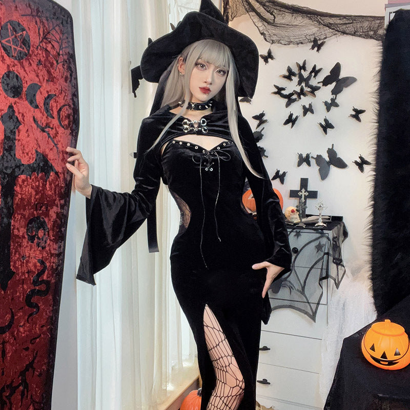 Halloween  Women's Dress with Hooded Bell Sleeves and Spiderweb Pattern, Dark Chic Style