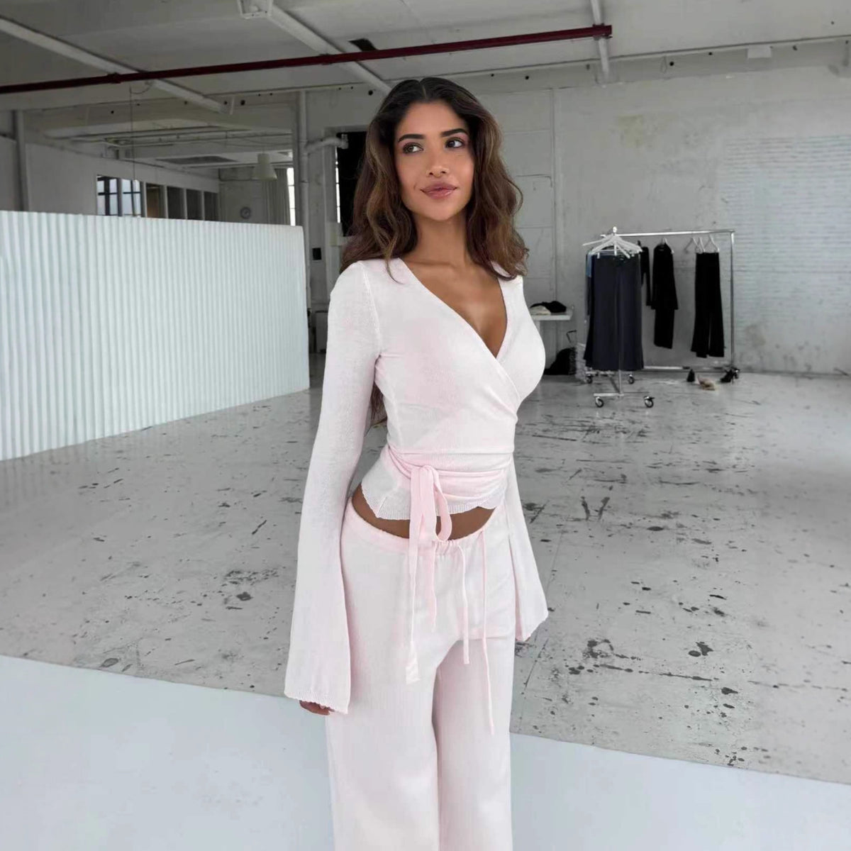 Style Solid Color Bell Sleeve Round Neck Casual Set