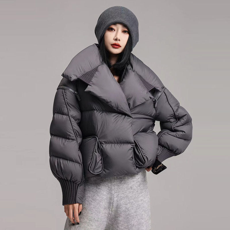 Small niche knitted spliced large lapel down jacket for women magnetic buckle warm jacket
