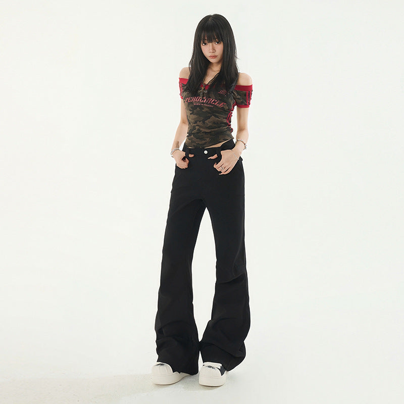 Women's Pants Flared Casual Trousers Pure Color Slim Retro Elastic Low Waist Bell-bottoms
