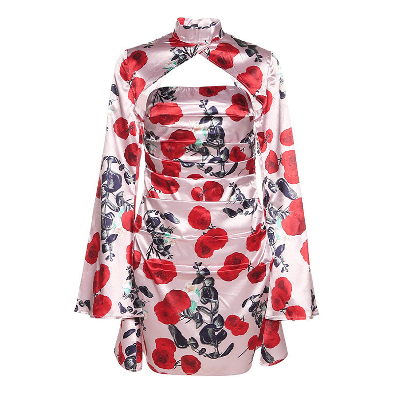 Spring And Summer New Women's Bell-Sleeved Fashion Printing Sexy Hollow Slim Temperament Dress