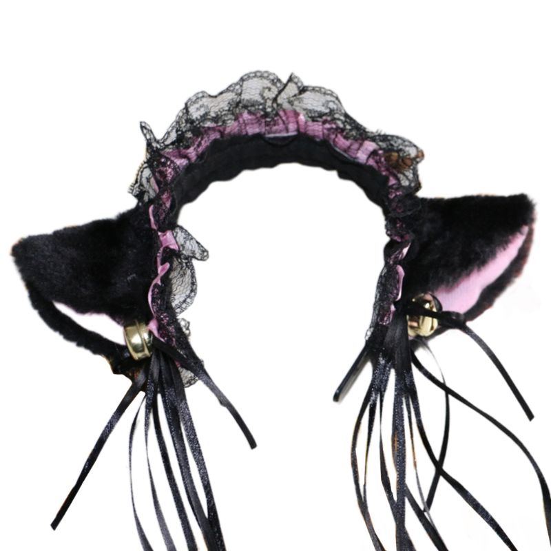 Women Ruffles Lace Headband Plush Cat Ears Ribbon Bell Lolita Cosplay Hair Hoop