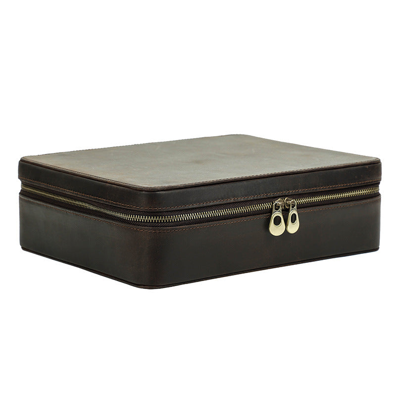 Rectangular Handmade Crazy Horse Leather Watch Box, 10-Slot Watch Display Organizer Travel Storage Case
