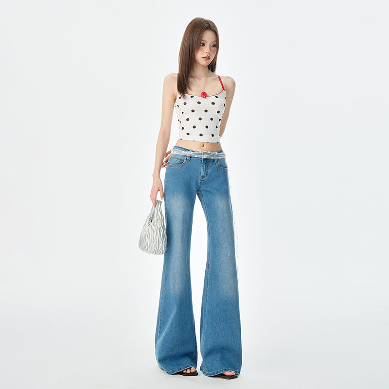 Women's Blue Low-Waist Jeans Summer Loose Slimming Drape Bell-Bottom Pants