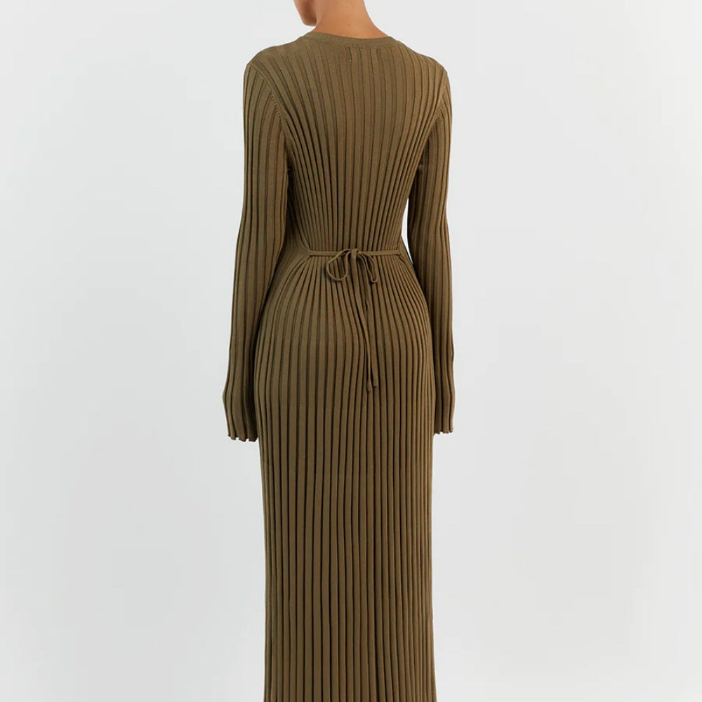 Women's Knitted Round Neck Ribbed Shrinkage Bell Sleeve Belted Solid Color Casual Long Dress