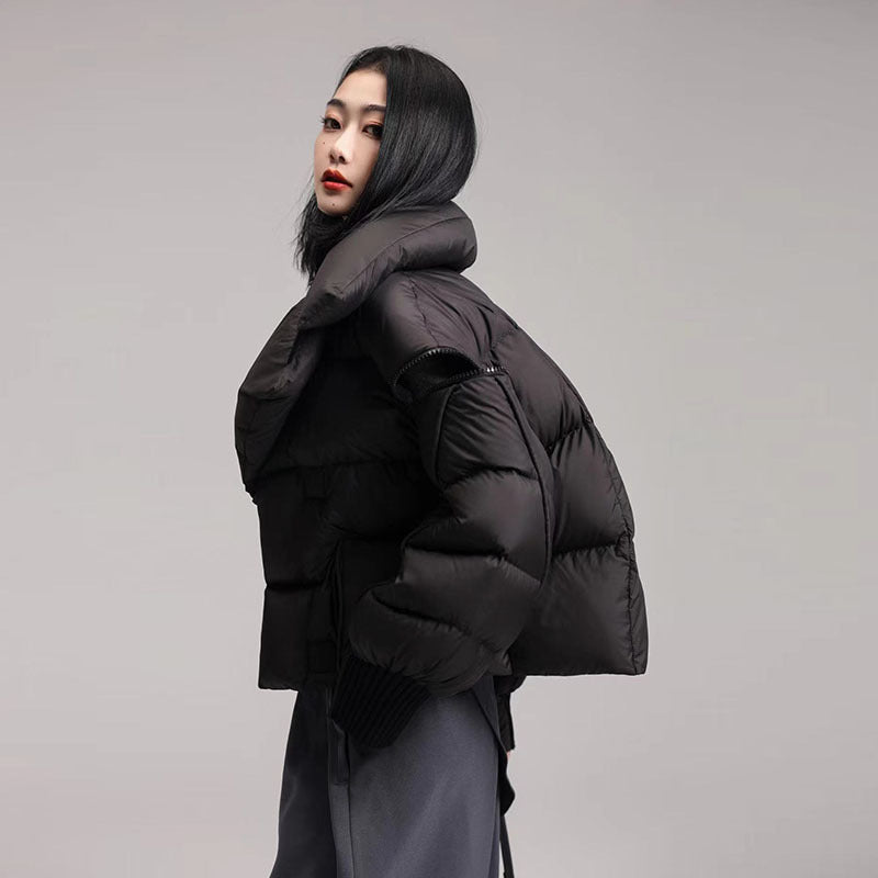 Small niche knitted spliced large lapel down jacket for women magnetic buckle warm jacket