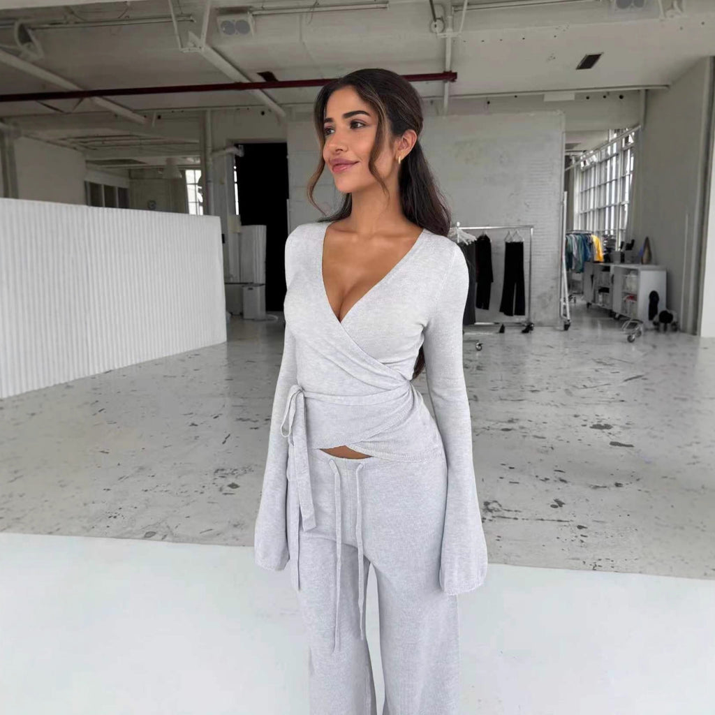 Style Solid Color Bell Sleeve Round Neck Casual Set