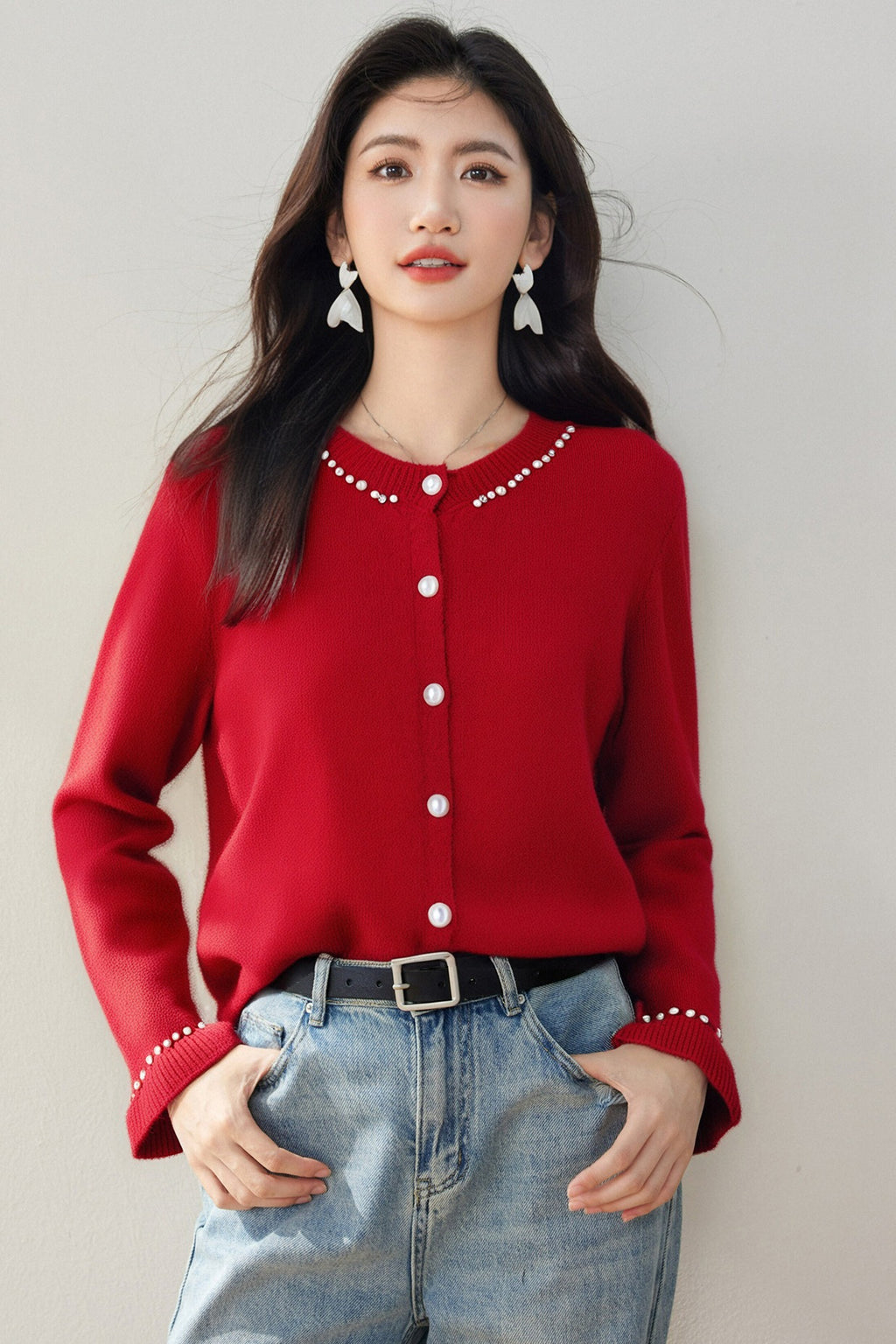 French Style Chic Knit Cardigan for Women with Beaded Bell Sleeves, Elegant Water Fur Texture Sweater