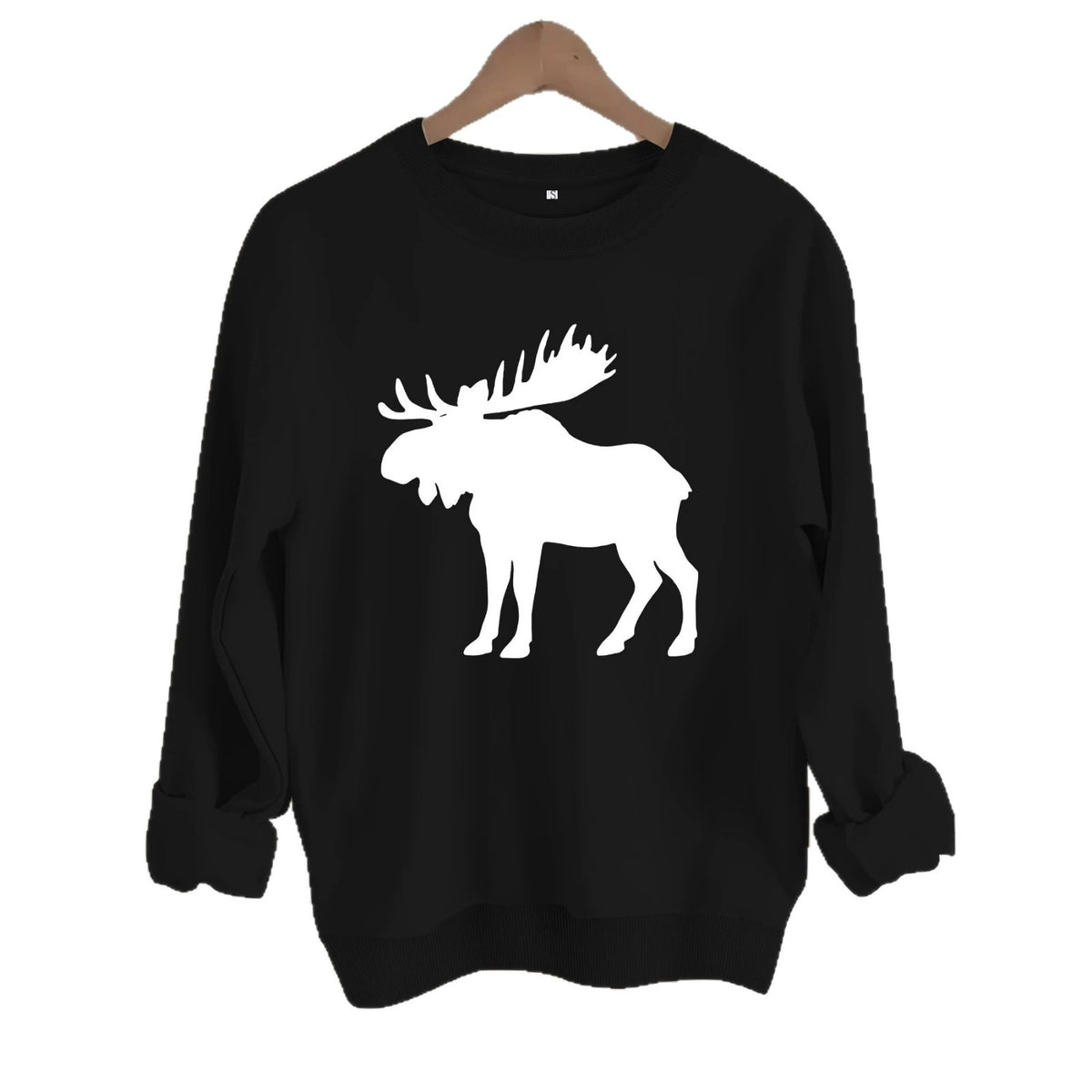 Deer head print round neck fleece hoodie