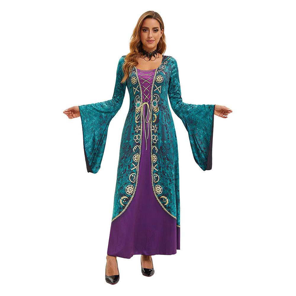 Halloween Witch Queen Medieval Court Hooded Dress with Bell Sleeves Dark Gothic Style Dress