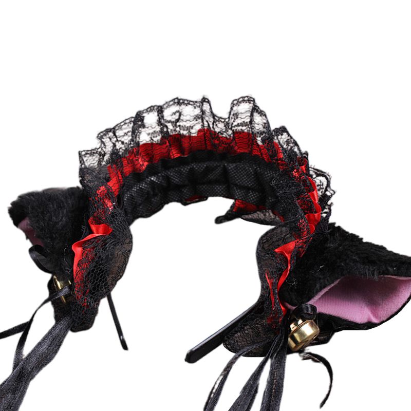 Women Ruffles Lace Headband Plush Cat Ears Ribbon Bell Lolita Cosplay Hair Hoop