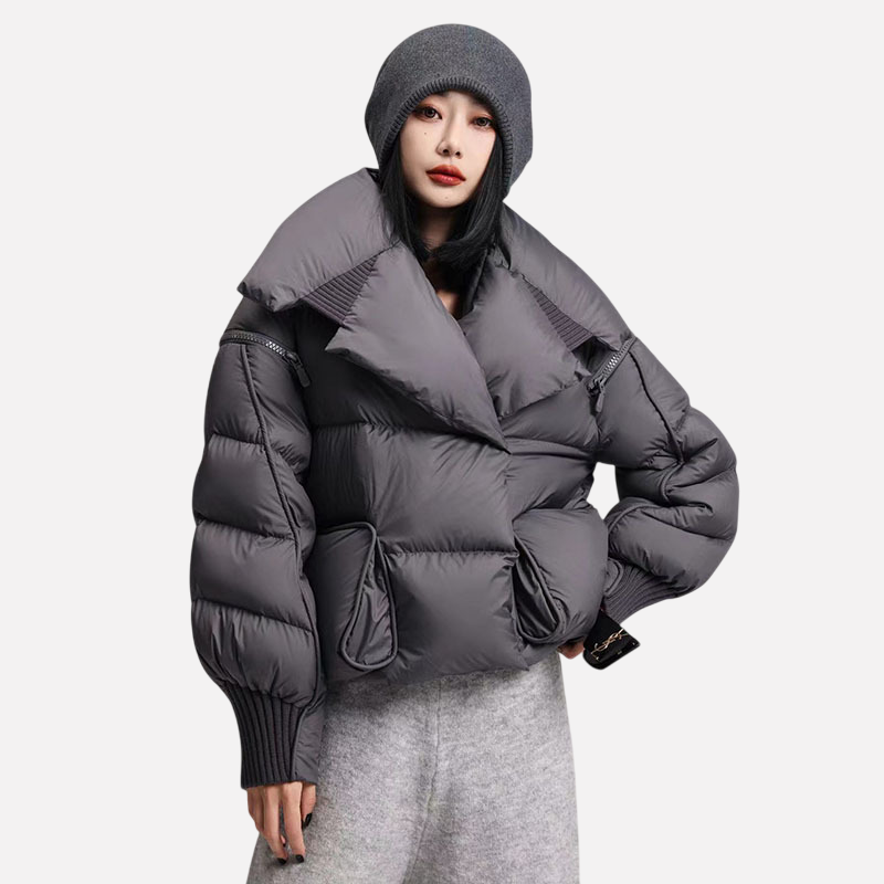 Small niche knitted spliced large lapel down jacket for women magnetic buckle warm jacket