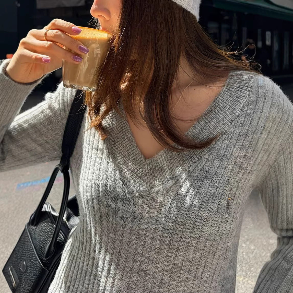 Mohair V-Neck Embroidered Bell Sleeve Soft Knit Sweater